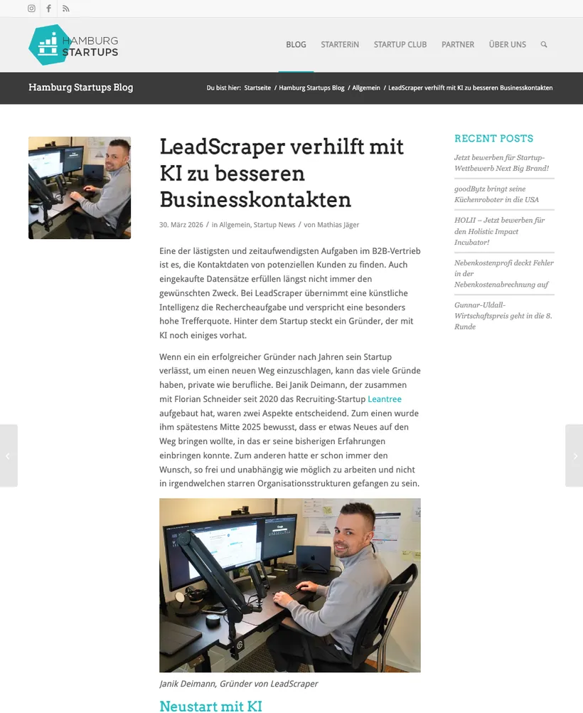 Artikel „LeadScraper verhilft mit KI zu besseren Businesskontakten“ auf hamburg-startups.net