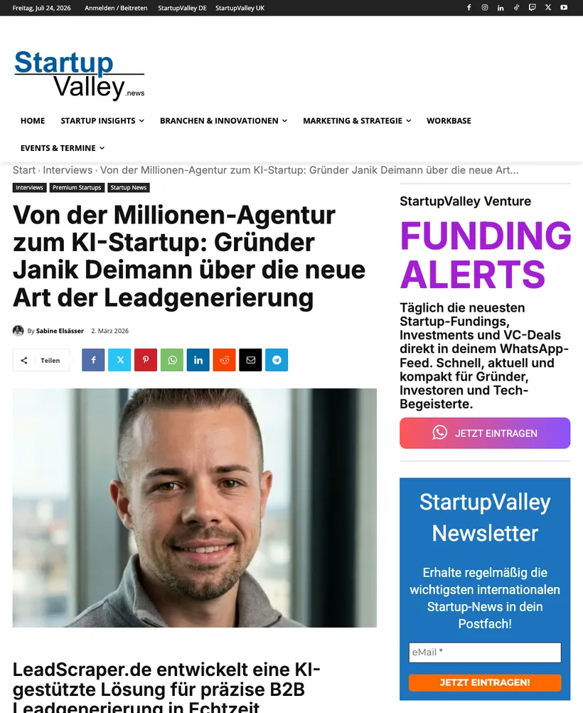 Artikel „Von der Millionen-Agentur zum KI-Startup: Gründer Janik Deimann über die neue Art der Leadgenerierung“ auf startupvalley.news