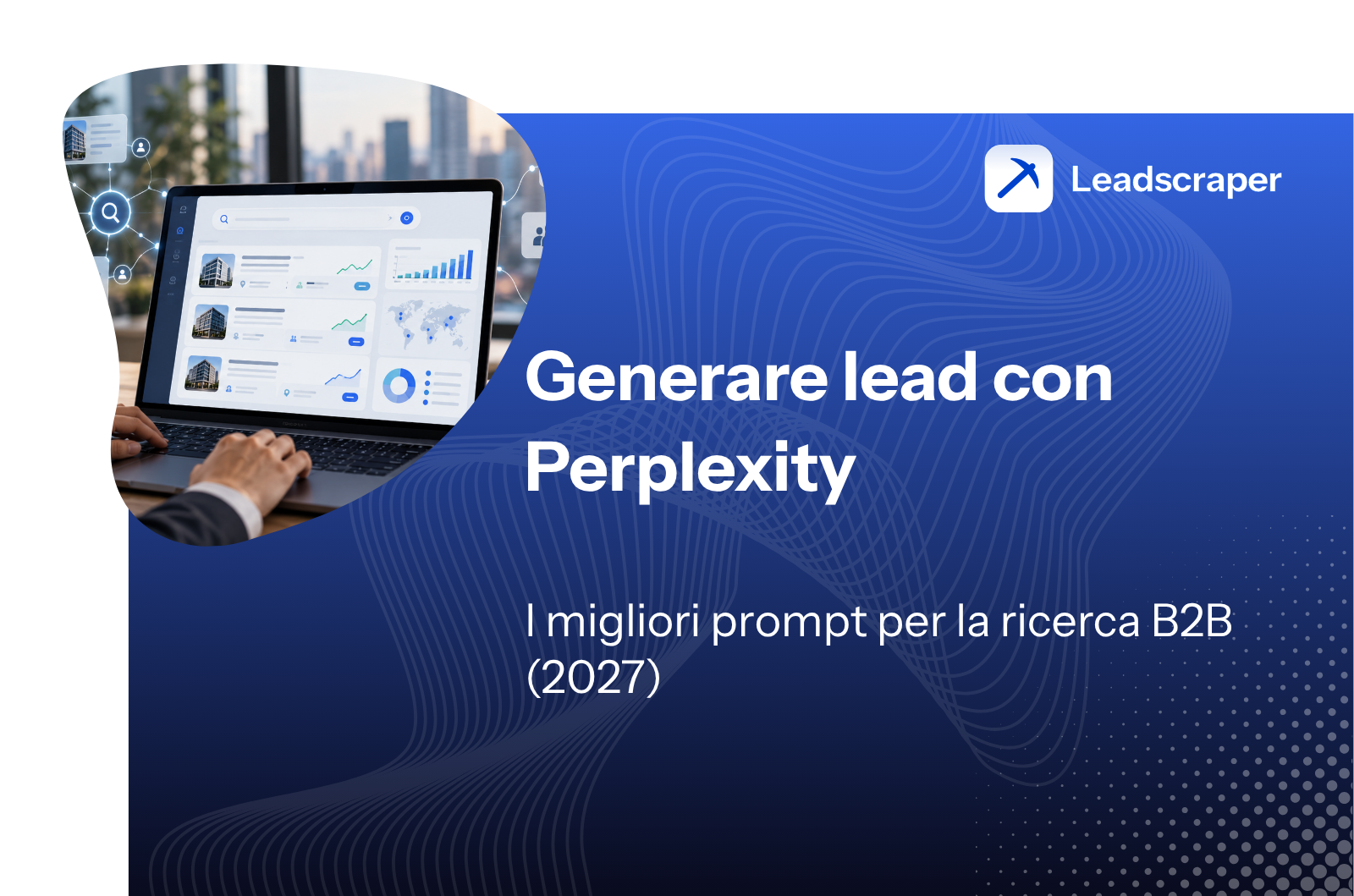 Laptop con una dashboard di ricerca e il titolo Generare lead con Perplexity