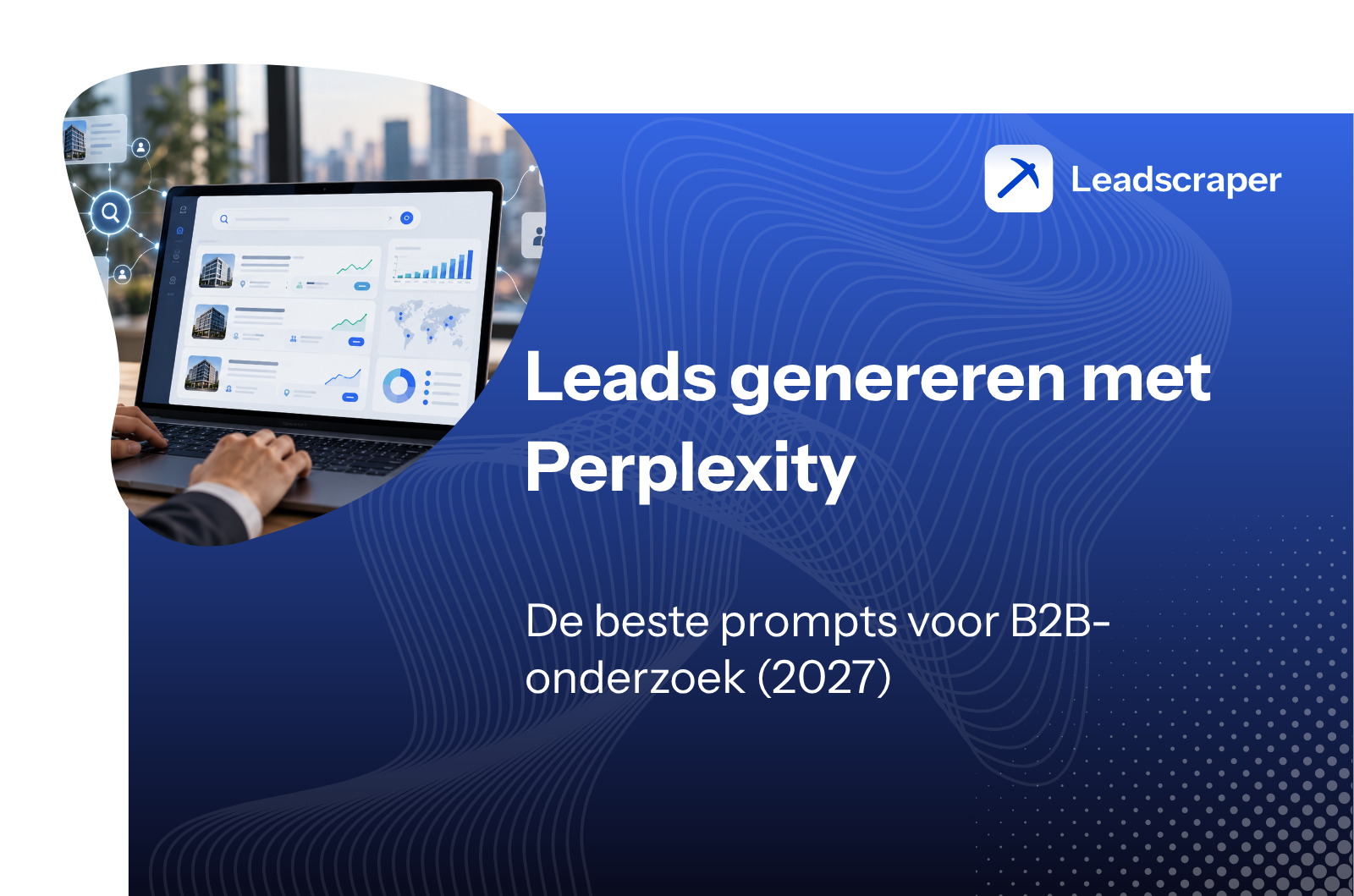 Laptop met onderzoeksdashboard en de titel Leads genereren met Perplexity